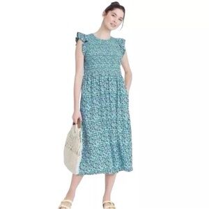 A New Day Maxi Dress Womens Size M Green Floral Smocked Pockets Boho Peasant 3X